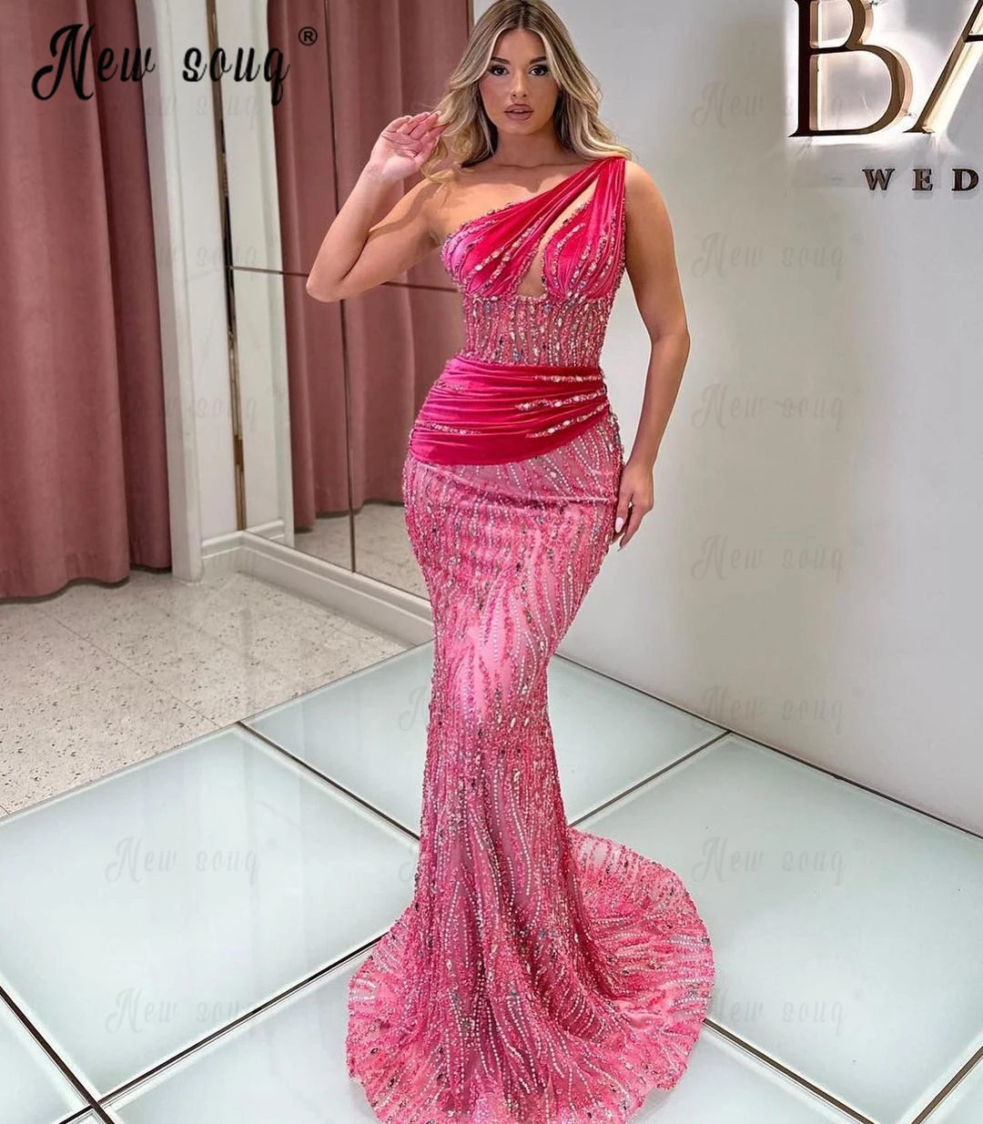 Hete Roze One Shoulder Party Dress Volledige Kralen Elegante 2023 Optocht Prom Jurken Robe Soirée Vrouwelijke Avond Nachtjurken Op Maat