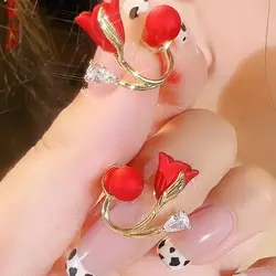 Korean Fashion Luxury Jewelry Earings Red Tulip Flower Imitation Pearl Elegant Sweet Earrings For Women Gifts Stud Earrings 2023