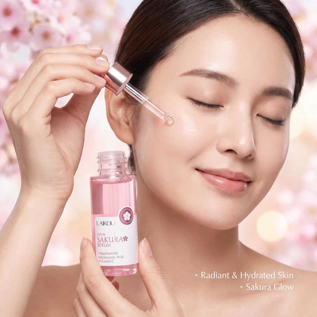 LAIKOU 24K Gold Sakura Essence Serum Vitamin C Hyaluronic Acid Anti Aging Nourishing Hydration Brighten Tired Dull Skin