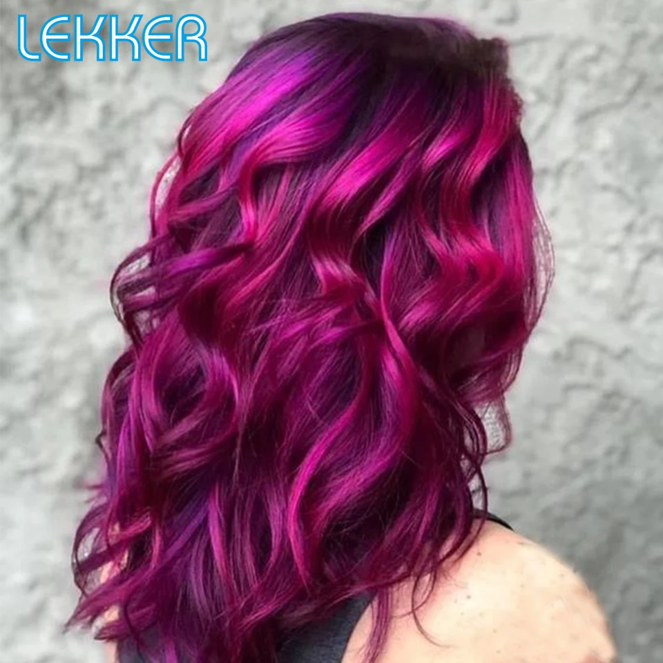 Lekker Wear to go Ombre Pink Purple Body Wave 100%Human Hair Wig With Bangs For Women Brazilian Remy Hair 22