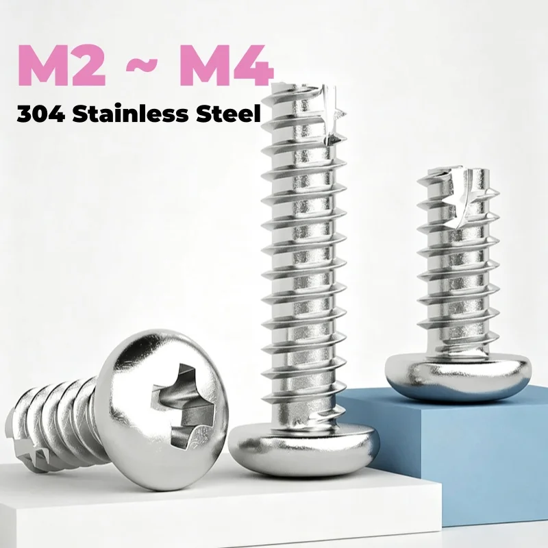 304 Stainless Steel Cross Screw M2 ~ M4 Round Head Cutting Tail Self Tapping Screws Length 4 ~ 30mm