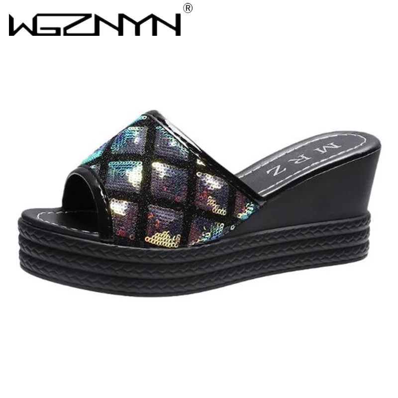 NEW Summer Women Sequined Cloth Slippers Bling Wedges Platform Beach Casual Slides Woman Shoes Ladies Slippers Footwear 2023