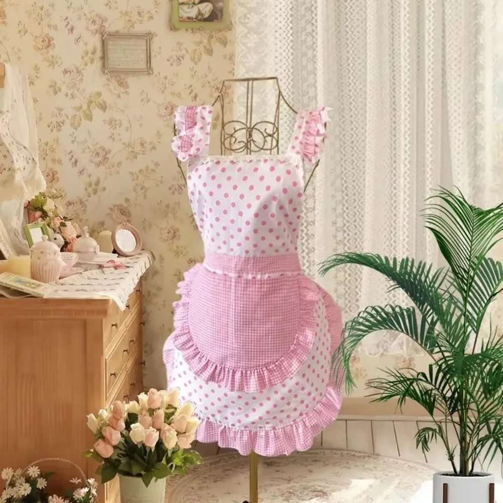 Polka Dot Pattern Kitchen Apron Gingham Pattern With Matching Headscarf Ruffle Apron Pink Color Design Adjustable Neck Strap