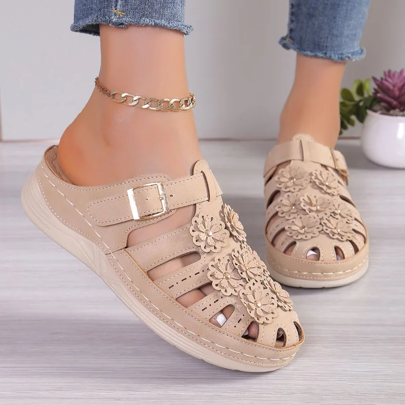 Plus Size Women\'s Slippers Summer New Platform Bottom Toe Flower Sandals Casual Fashion Non-slip Slippers