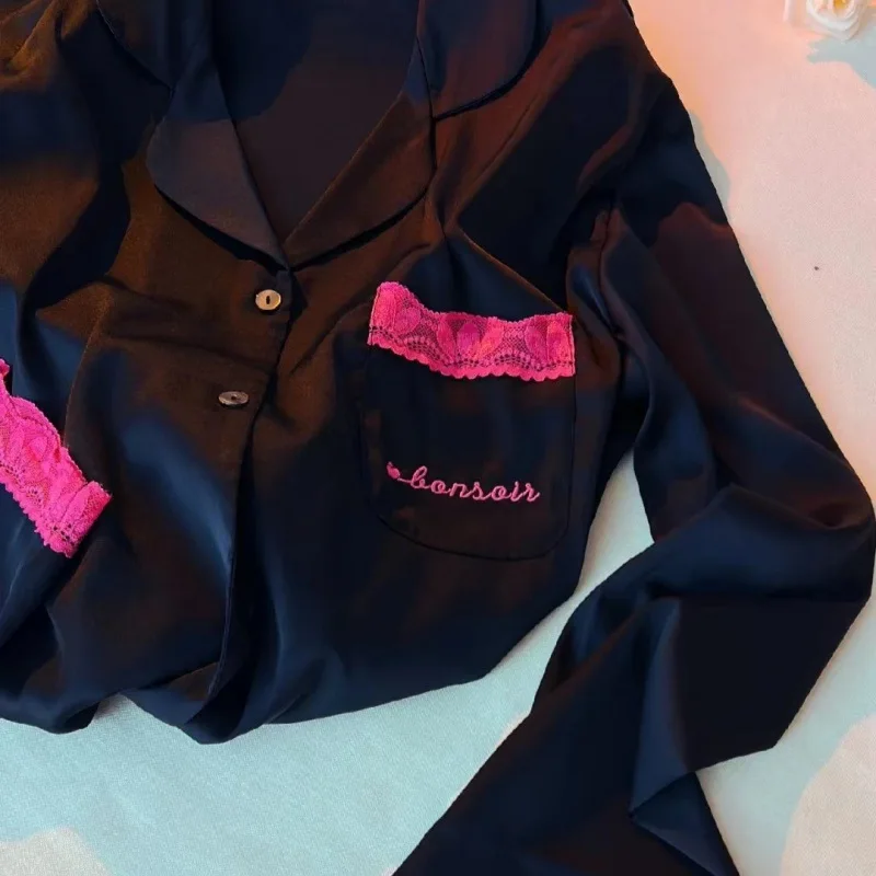 2024 New Sexy Sleepwear Women's Spring Autumn with Ice Silk Long Sleeves and Thin Styles Fashionable Suitable Pajama Sets