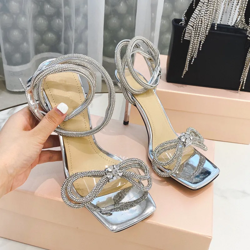 Maogu Luxury Rhinestones Bowknot Summer Wedding Shoes High Heels Silver Sandal Party Prom Shoes Rhinestone Women Sandals