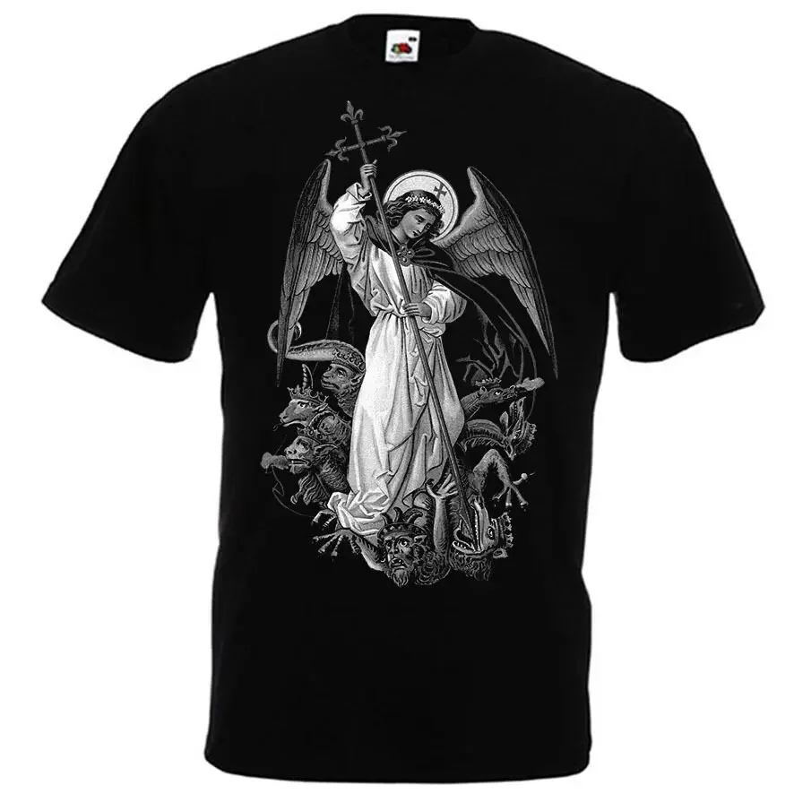 Saint Michael The Archangel Destroy Devil Catolic T-Shirt. Premium Cotton Short Sleeve O-Neck Mens T Shirt New S-3XL