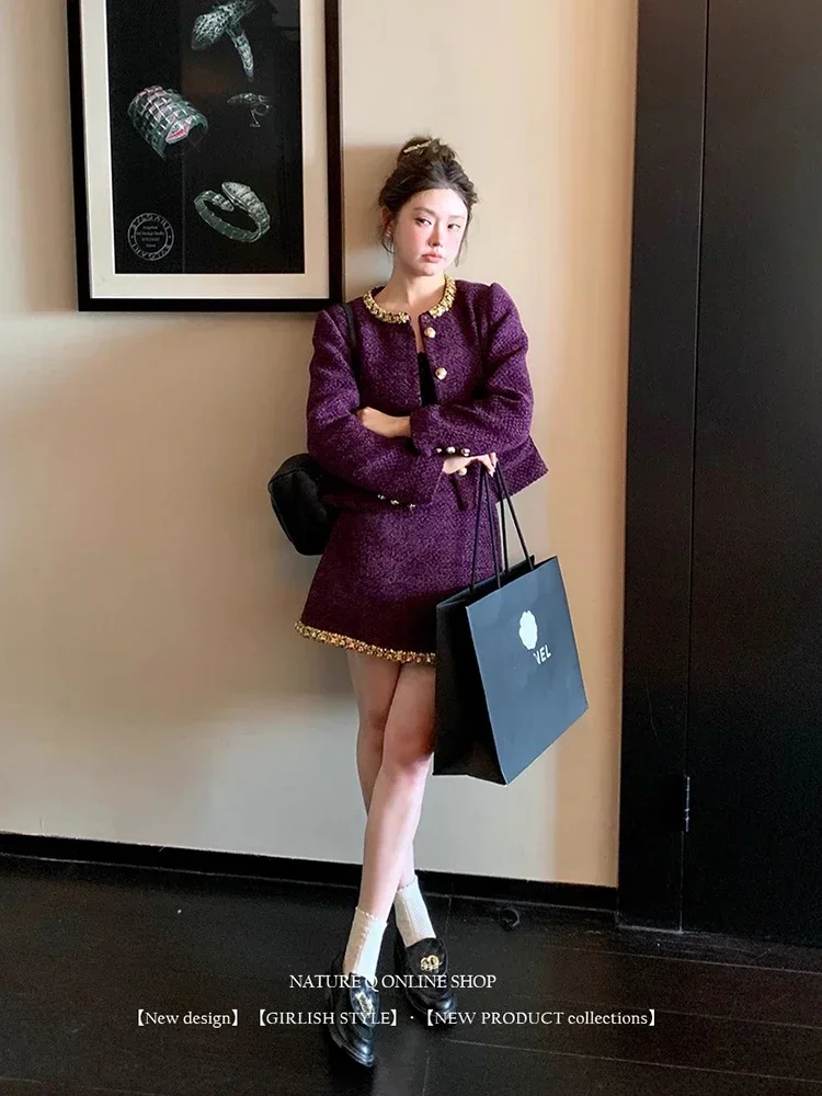 Fashion 2024 Autumn Winter French Purple Skirt Sets Women Diamond Splice High Quality Tweed Short Coats Thickened Two-Piece Suit