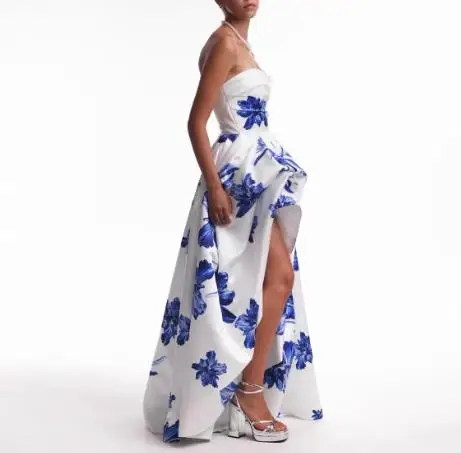 

Elegant Party Dress Woman Flower Print Cross Strapless Collar Asymmetrical Skirt A-Line Sleeveless Dress Women's Strapless Dress