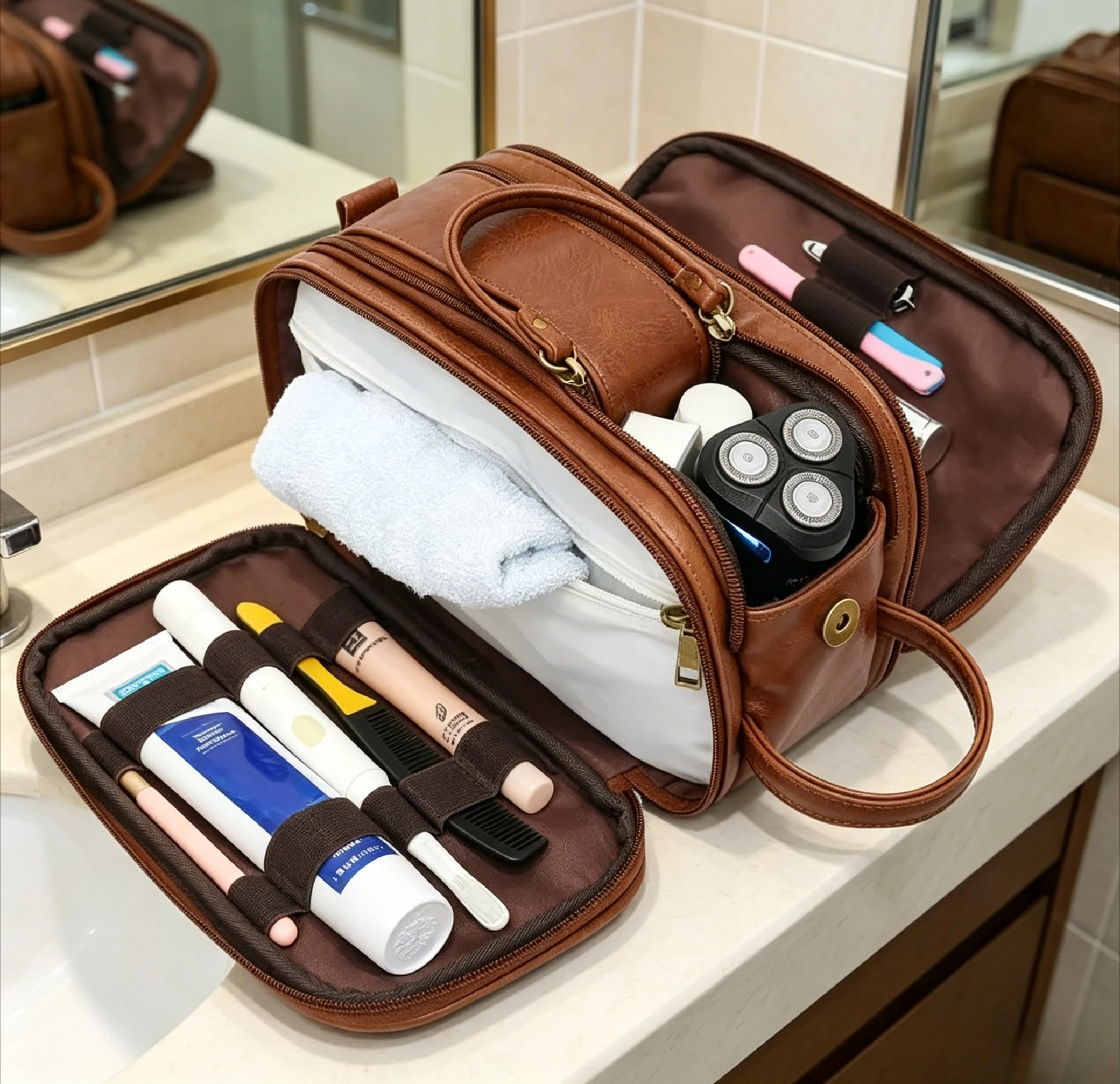 26,5*15*16cm Kulturbeutel für Männer, großes Reise-Rasier-Dopp-Set, wasserabweisender Badezimmer-Toilettenartikel-Organizer, Kosmetiktaschen aus PU-Leder
