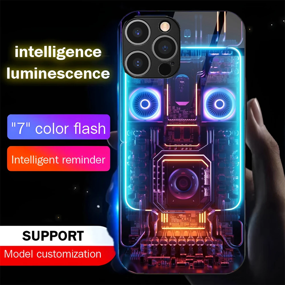 

Cyber CPU Fan Pattern LED Phone Case Voice Controlled Lighting Phone Cover For iPhone 16 E 15 14 13 12 11 Pro Max XR XS Plus SE