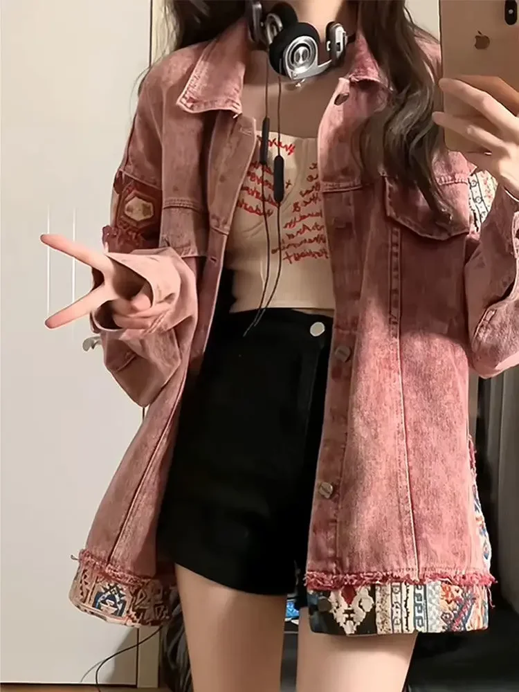 Vintage Patchwork Denim Jackets Women 2025 Autumn New Jeans Coat Woman Casual Pink Jacket Female