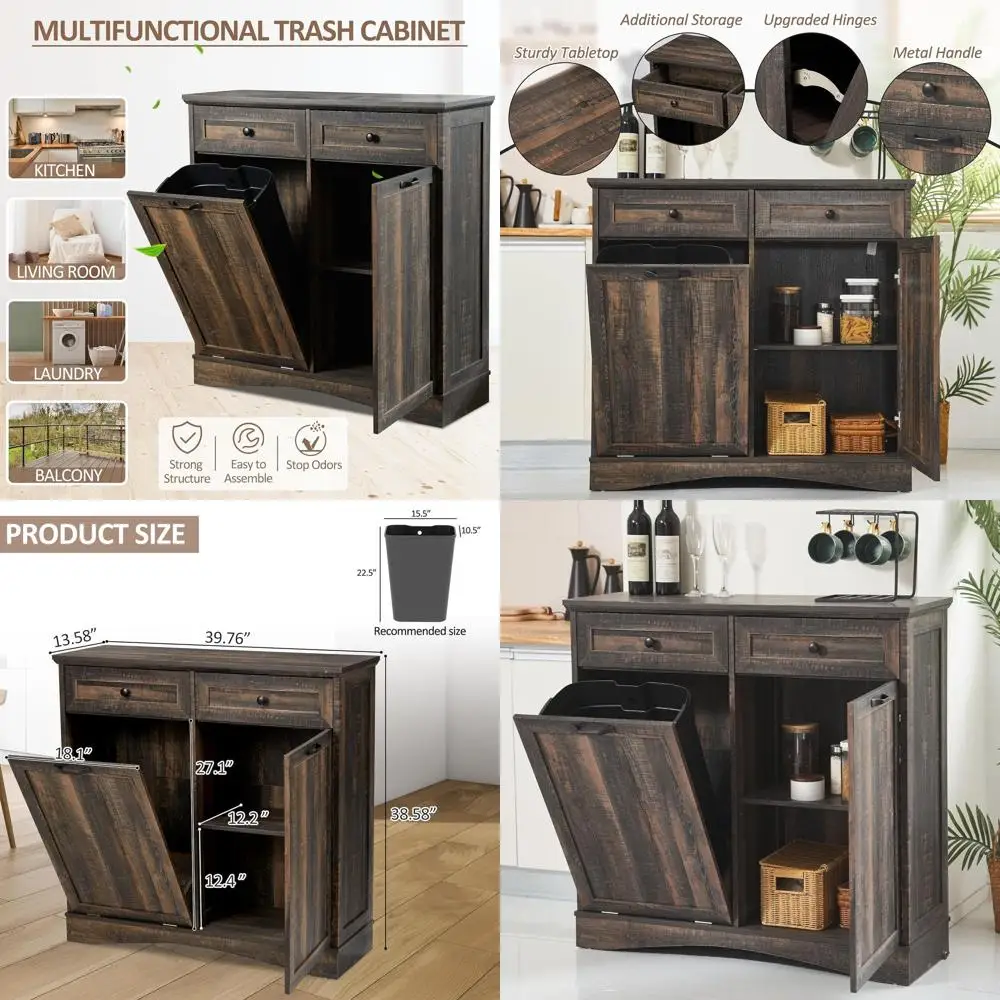 

Freestanding Kitchen Trash Can Cabinet with Tilt-Out Bin, Hideaway Drawers, Pet-Proof, Rustic Brown