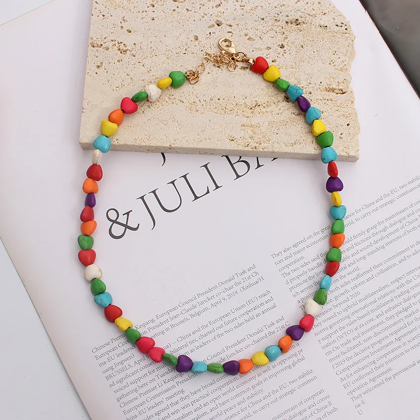 

Heart Natural Stone Beads Necklace Korean Handmade Turquoise Fashion Boho Colorful Choker Pendant Neck Collar Female Jewelry