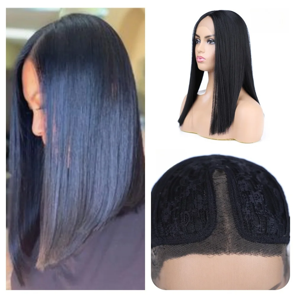 Blice Short Bobo Lace Front Synthetic Hair Wigs Yaki Straight Free-Side for Women Brown Glueless Futura Silky Heat Resistant