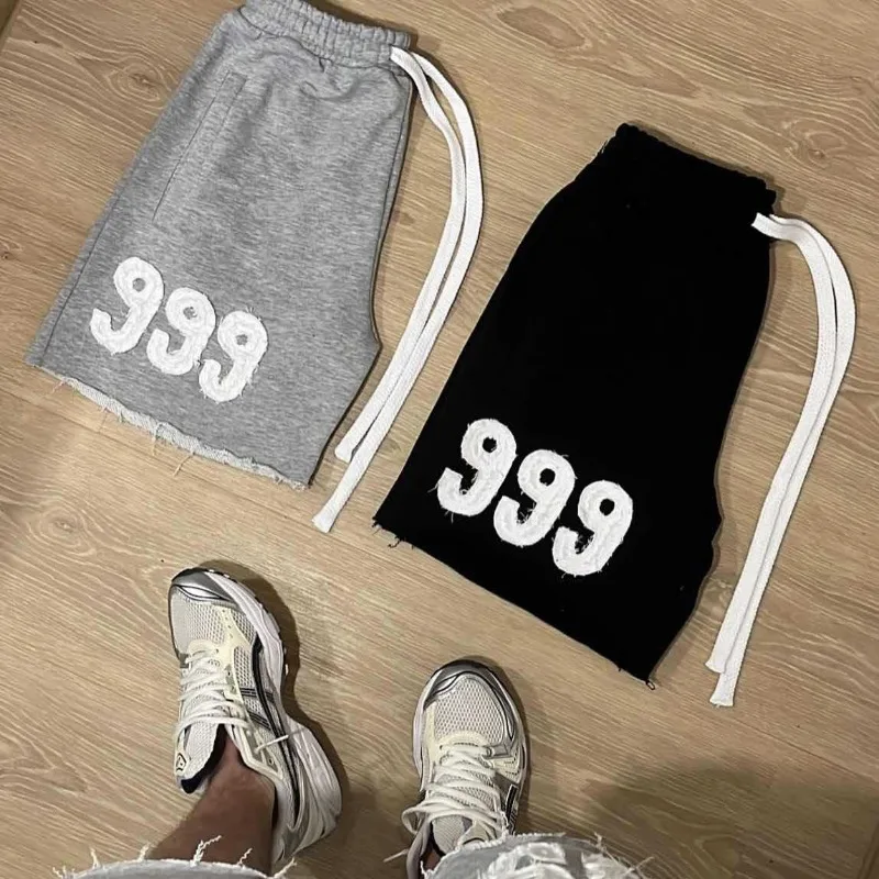 

Men's Streetwear 999 Towel Embroidery Sweat Shorts Raw Hem Distressed Loose Fit Elastic Waist Casual Sports Shorts Black Gray