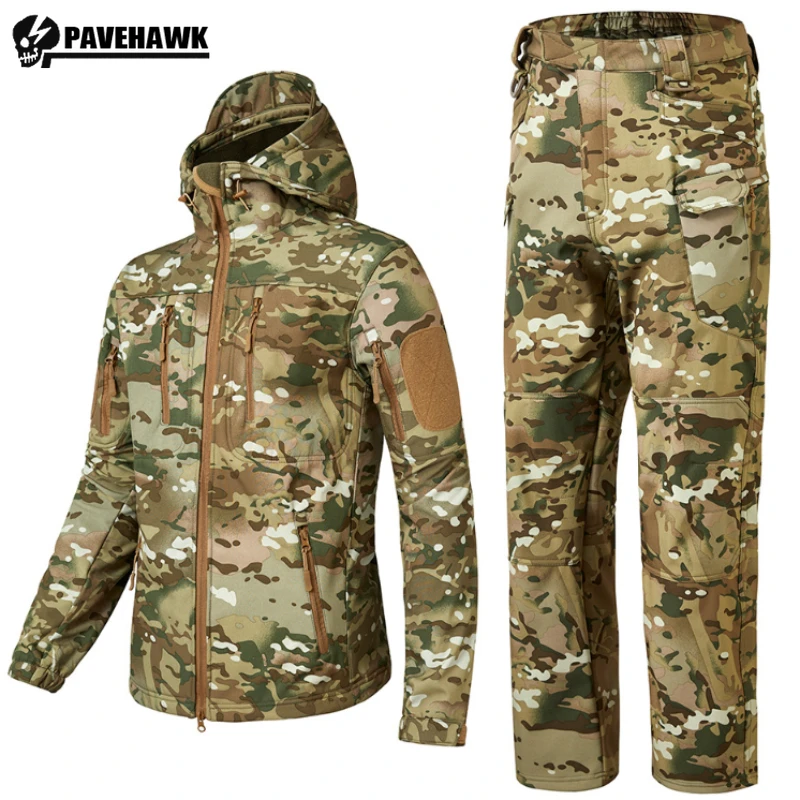 Tactical LX7 Mens Camo Charge Set Outdoor Cycling Windproof Hunting Suit Waterproof Warm Hooded Jacket Multi Pocket Pants 2-pcs