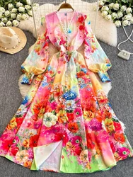 Elegant Long Maxi Floral Dresses Women 2025 Spring Autumn Full Sleeve Lace V Neck Single Breasted Party Cotton Linen Dress