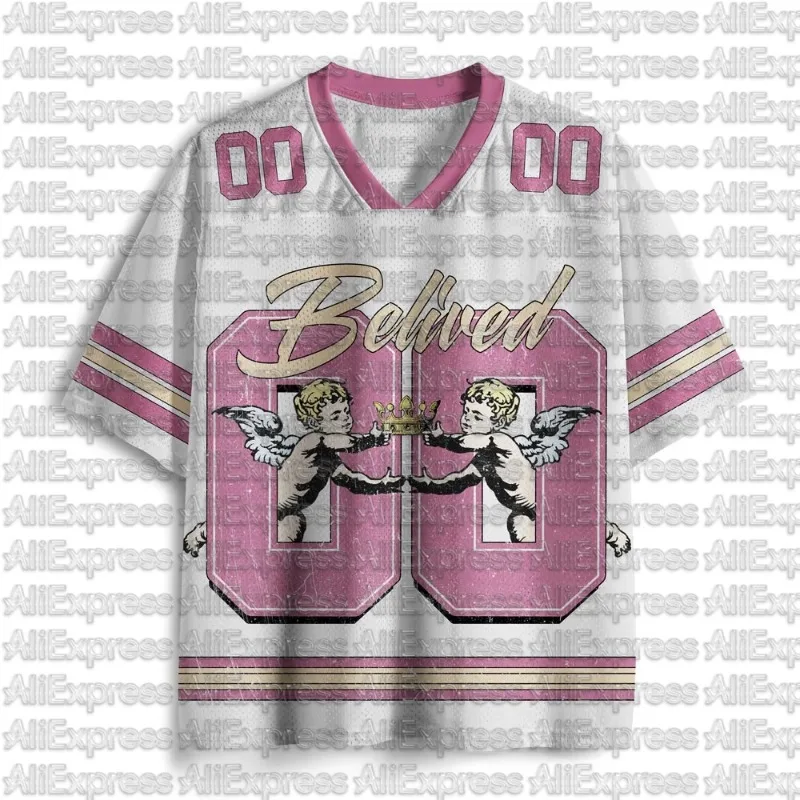 2026 Summer Hot Selling Loose and Comfortable Faith Net Eye Light Pink Angel V-neck Jersey Adult Children Casual Sports Shirt