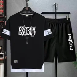 Letni gorący sprzedawanie męski strój sportowy T-shirt + spodenki dwuczęściowy zestaw na co dzień męski okrągły dekolt cienki modny T-shirt z krótkim rękawem