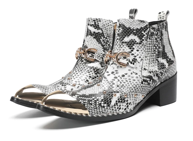 Designer Metall Karree Cowboy Motorrad Kurze Stiefel Männlich Große Größe Nieten Echtes Leder Stiefeletten Business Formale Schuhe – Detail 5