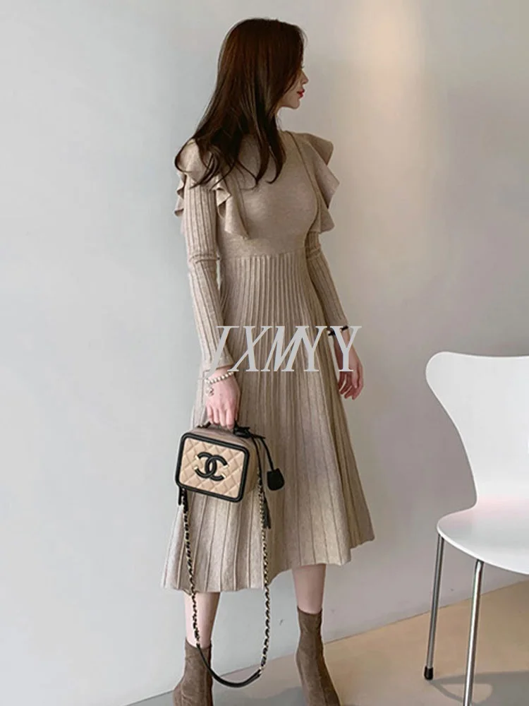 JXMYY-Vestido de suéter de punto con borde de volantes largos para mujer, ropa de temperamento elegante, ropa de invierno, versión coreana, 2024