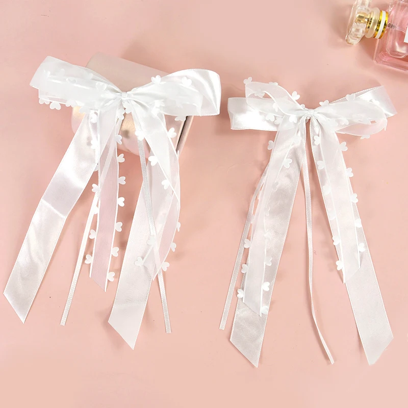 10pcs White Lace Silk Ribbon Bow Wedding Car Chair Sash Bridal Bouquet Decoration Birthday Party Christmas DIY Gift Box Bowknot