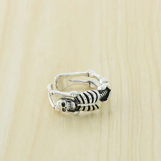 Antique Thai silver human skeleton ring Heavy design personality dark tide open adjustment sterling silver ring