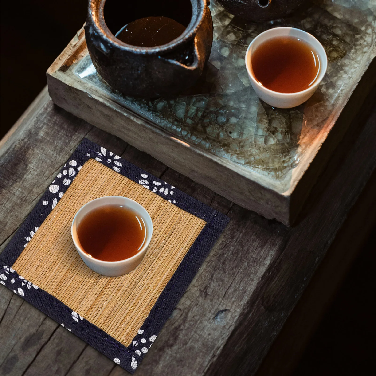 

4Pcs Bamboo Tea Cup Coaster Woven Cloth Wrapped Square Heat Insulation Cup Mats Table Protector for Home Office Cafe