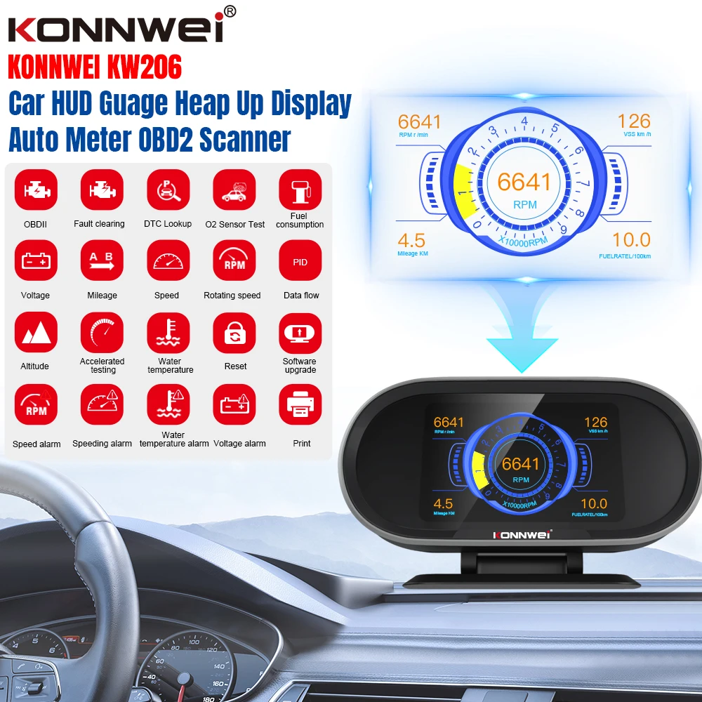 KONNWEI KW206 Car Diagnostic HUD OBD2 2in1 Automotive Car Code Reader Adapter OBD 2 Scanner Auto Tools On-Board Computer Display