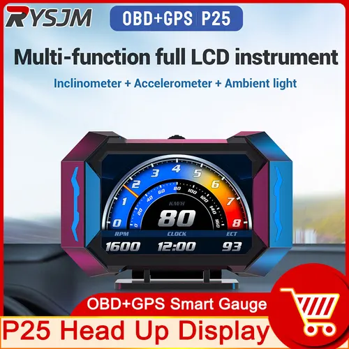 OBD + GPS HUD P25 헤드업 디스플레이 자동차 디지털 속도계, 수온 연료 소비 경사 계량기 경사 경보