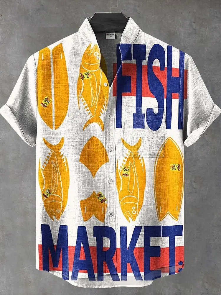 2025 men's new retro style fish pattern print men's casual linen comfortable fabric short sleeved shirt button top