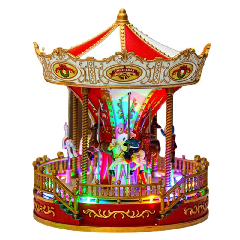 Christmas Whirligig Horses Music Box Festival Decoration with Colorful LED Light and Melodies Tune Holiday Party NEW arrival