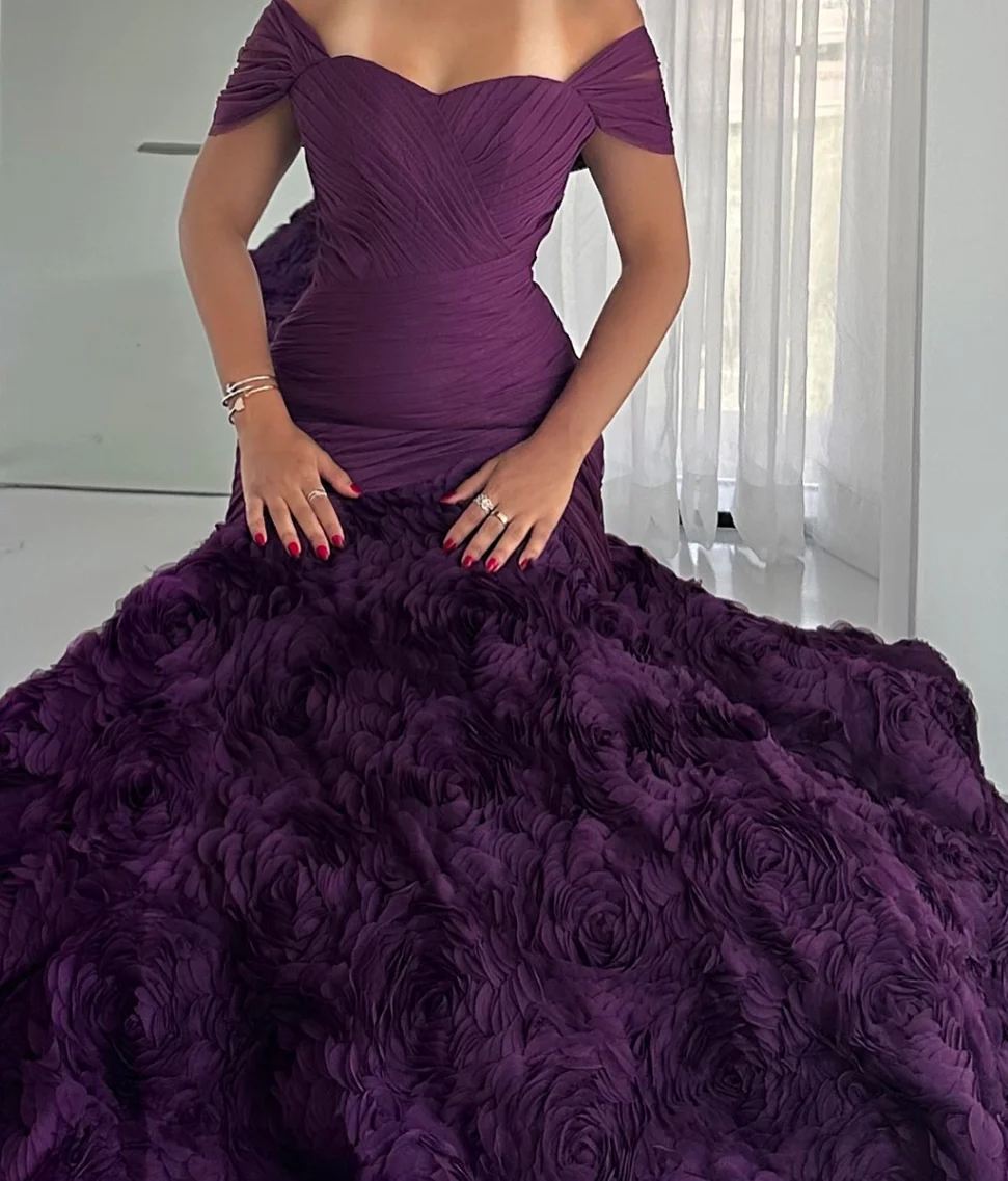 Vestido de noche morado Sexy, vestido de fiesta de sirena con hombros descubiertos, con cordones/cierre en la espalda, vestido de fiesta de flores hecho a mano de alta calidad