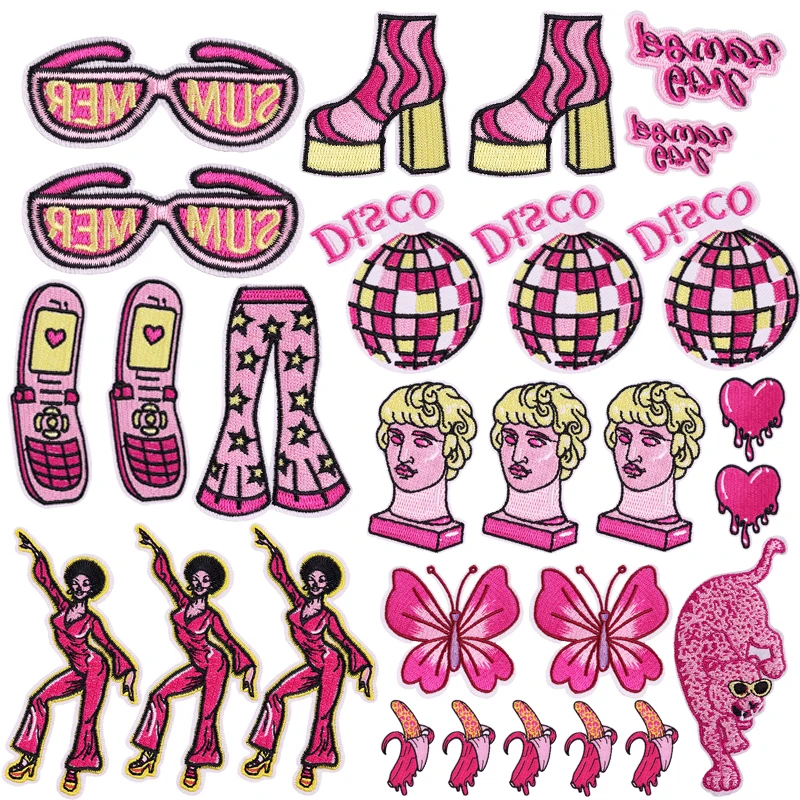 5PCS Cartoon Pink Style Patch Pink Girl Disco High Heels Embroidery Patch Butterfly Leopard Iron On Patches For Clothing Sew DIY