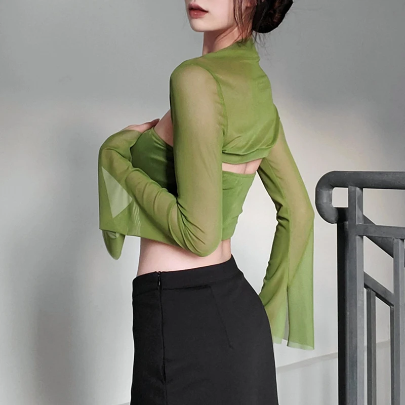 Xingqing Tube Top and Shrug Women Aesthetic Clothes Solid Color Bandeau with Flared Long Sleeve Cover Up y2k Clothing Streetwear