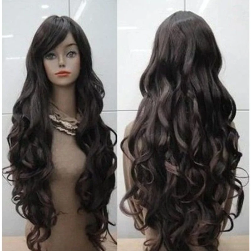 Long Curly Wavy Hair Wig Women Brown Synthetic Cosplay Party Full Wig Fashion