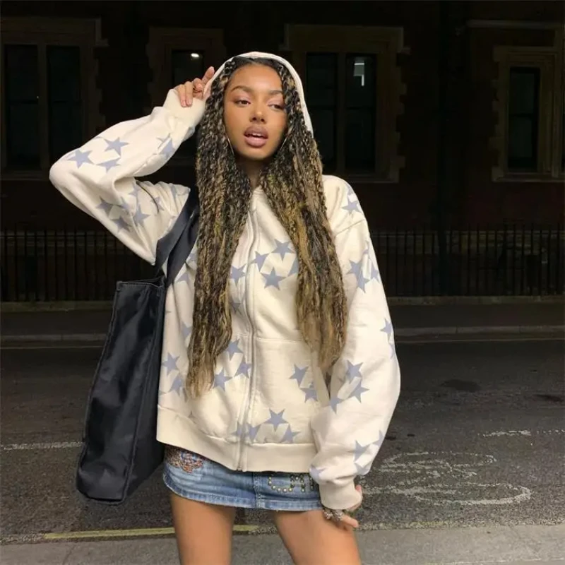 Europa Amerikanischen High Street Star Print Lose Beiläufige Mode Strickjacke Zipper Mit Kapuze Sweatshirt Mantel Herbst Winter männer frauen