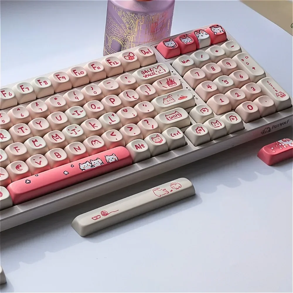Pink Meow Meow Keycaps 144keys  MOA Height Keycap Set PBT DYE-Sub For 60/64/65/68/87/98104 Mechanical Keyboards