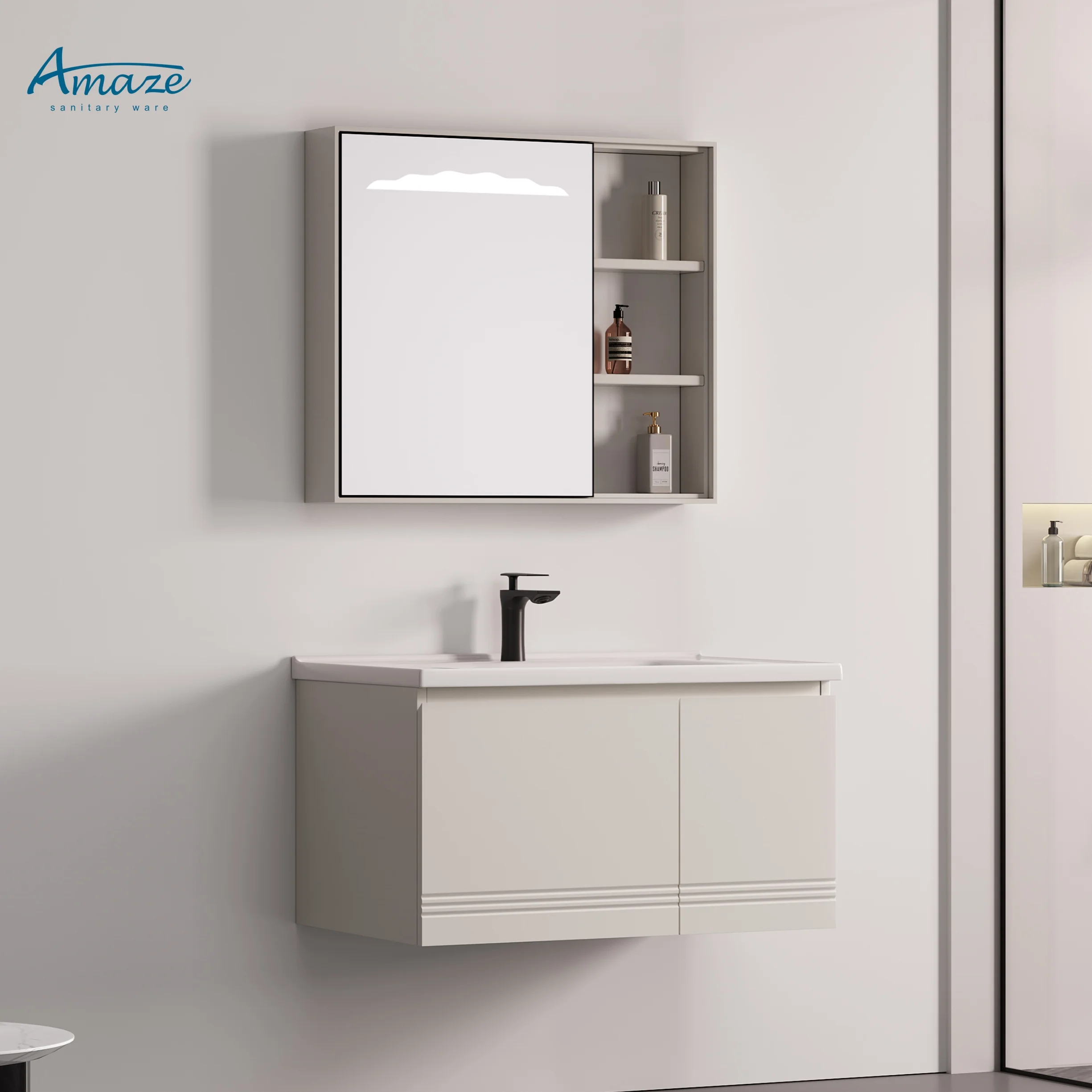 Bathroom CabinetModern Hotel Vanity Cabinet Wall Mounted Cabinet With LED Mirror Bathroom Furniture Set Ceramic Sink Cabinet