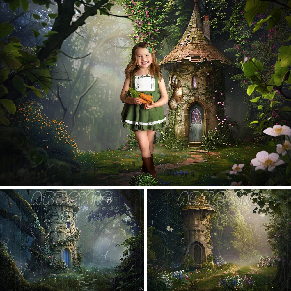 

Summer Spring Photography Backdrop Photo Mysterious Forest Castle Greenery Flowers Kid Birthday Portrait Background Photo Studio