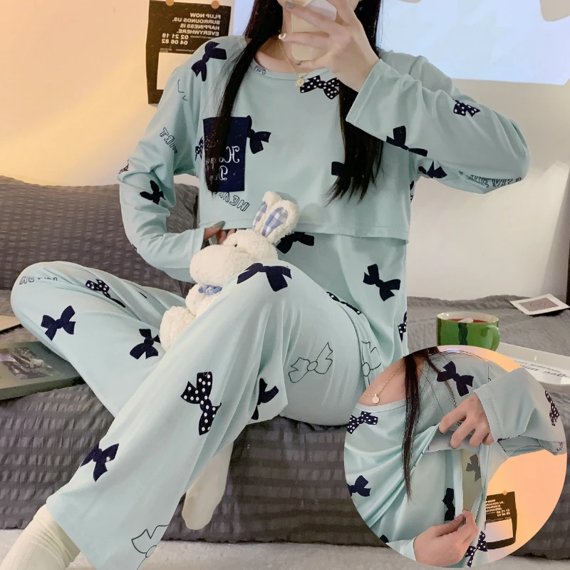 

Autumn nursing leisurewear cartoon pregnant maternity breastfeeding tops long trousers Postpartum woman lactation pajamas set