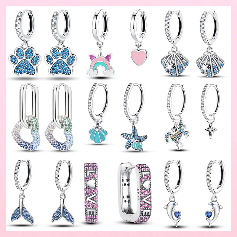 Luminous Shell Women Earrings Original 925 Sterling Silver Pave CZ Star Moon Hoop Earrings Engagement Wedding Jewelry