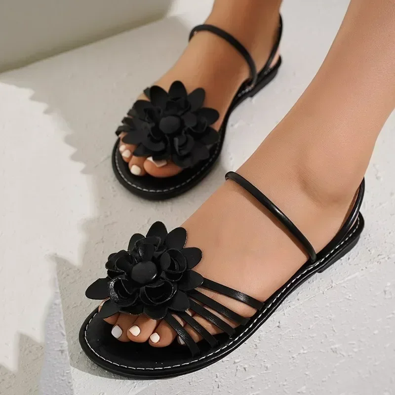 Sandales de plage à talons bas pour femmes, chaussures à enfiler pour femmes, fleurs solides, Parker ouvert, grande taille, été, offre spéciale, 2024