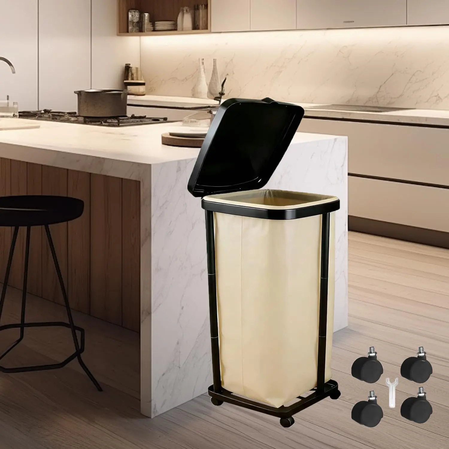 

Foldable Trash Bag Holder with Cover and 4 Wheels - 3 Level Adjustable Height Plastic Trash Bag