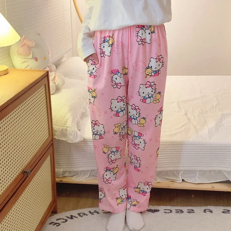 Sanrio Hello Kitty Cartoon Cute Pajamas Pink Women Loose Cotton Cartoon Casual Home Pants Spring and Summer Fashion Trousers