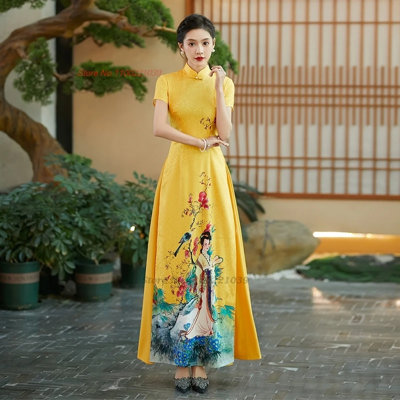 2025 vietnamese aodai improved cheongsam dress qipao national flower print qipao dress oriental banquet evening dress vestido