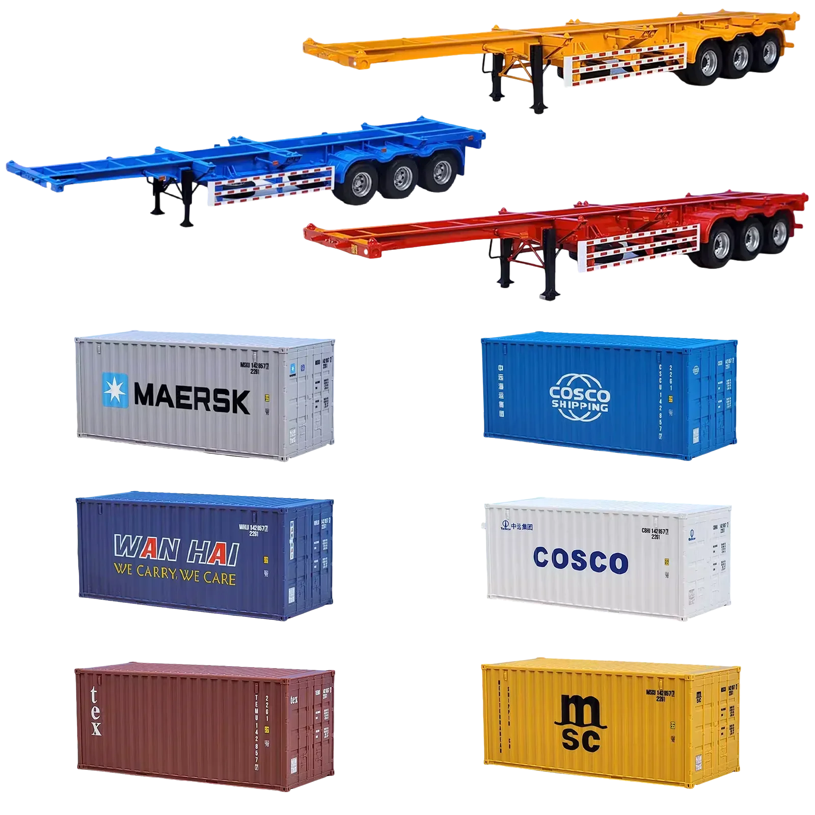 

1:24 Alloy Container Diecast Skeleton Semi-Trailer Model Multiple Series MSC/TEX Freight Trailer Logistics Gifts Toys for boys