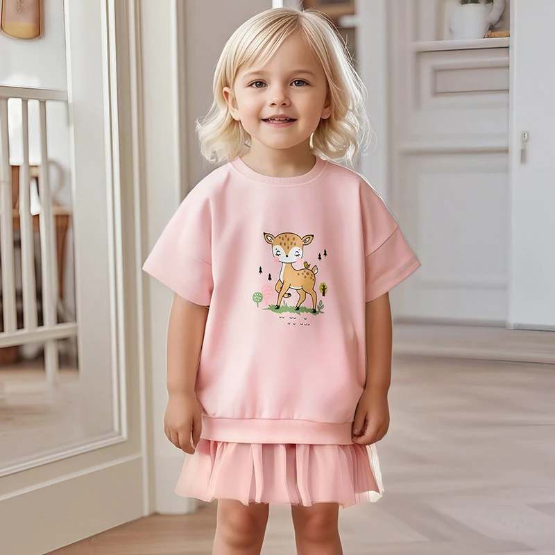 

Summer Children's Clothing Baby Girls Short-Sleeve Cotton Dresses Kid Clothes Girls Fashion Cartoon Deer Mesh Dress Ropa De Niña