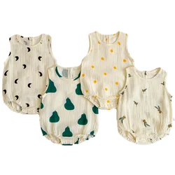 Summer Muslin Romper for Girls Boys Cute Print Baby Jumpsuit Sleeveless Newborn Sling Rompers Infant Clothing 0-2 Years